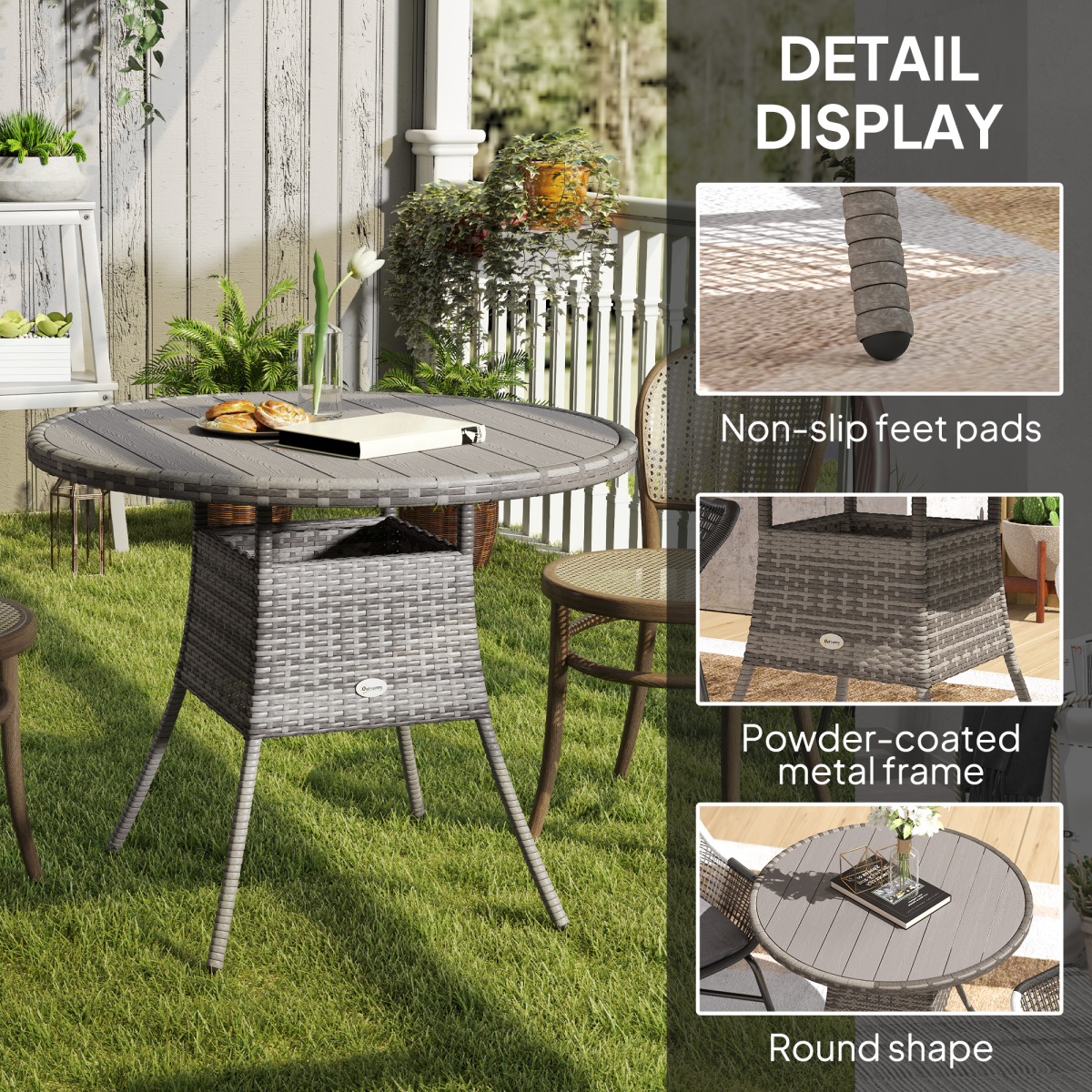 Outsunny Grey PE Rattan Outdoor Dining Table with Wood-Plastic Top