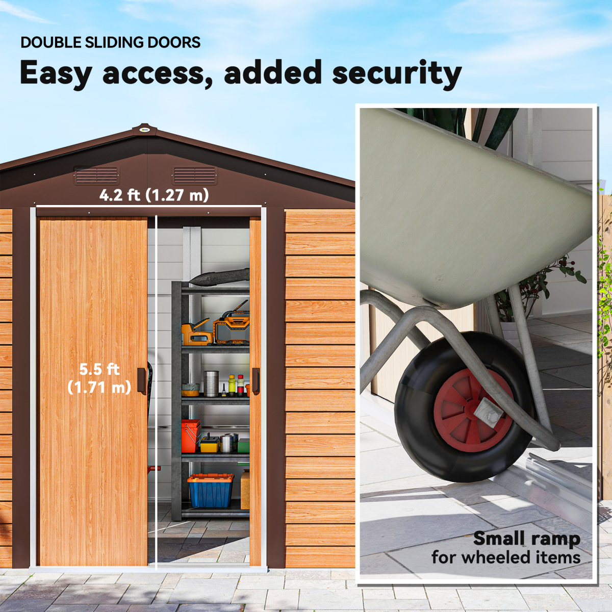 Outsunny Lockable Garden Shed with Sliding Doors, Wood Effect