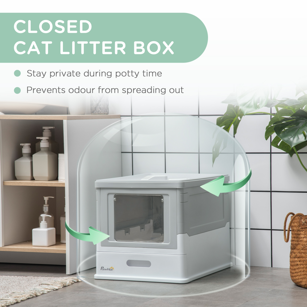 Hooded Cat Litter Box with Scoop and Tray, Portable Pet Toilet, Grey