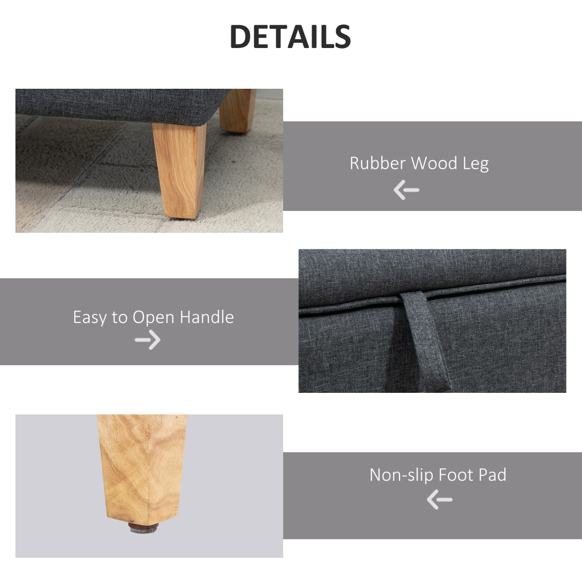 HOMCOM Grey Linen-Look Storage Ottoman Footstool, Padded Seat