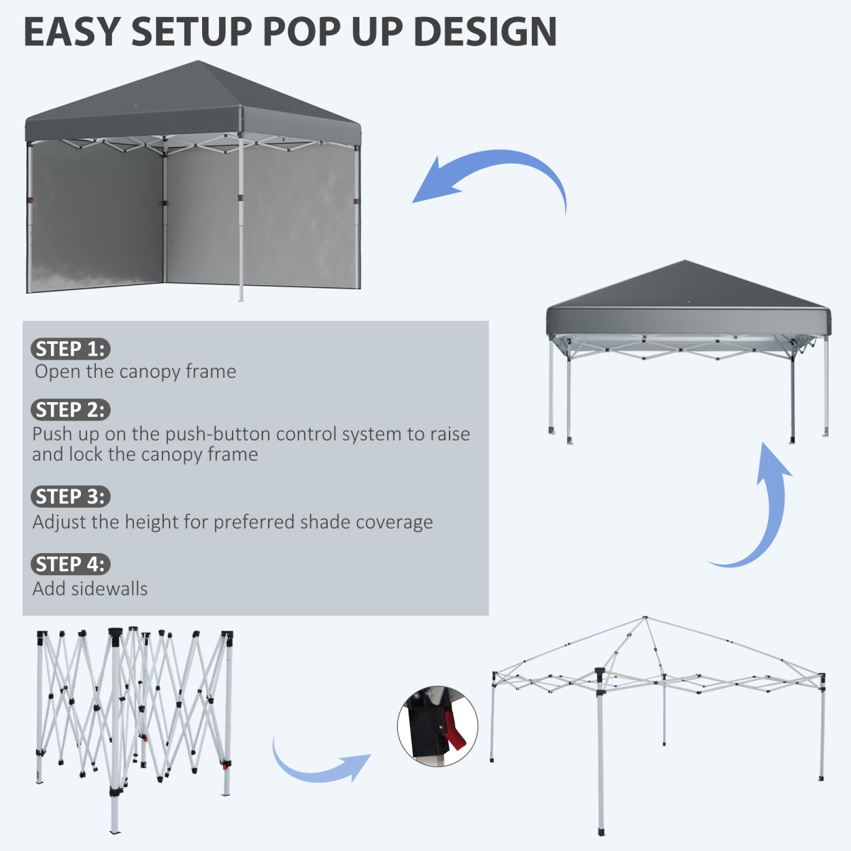 3 x 3m Pop Up Gazebo with 2 Removable Sidewalls, Adjustable Height, Sandbags, Guy Ropes and Ground Stakes, Dark Grey