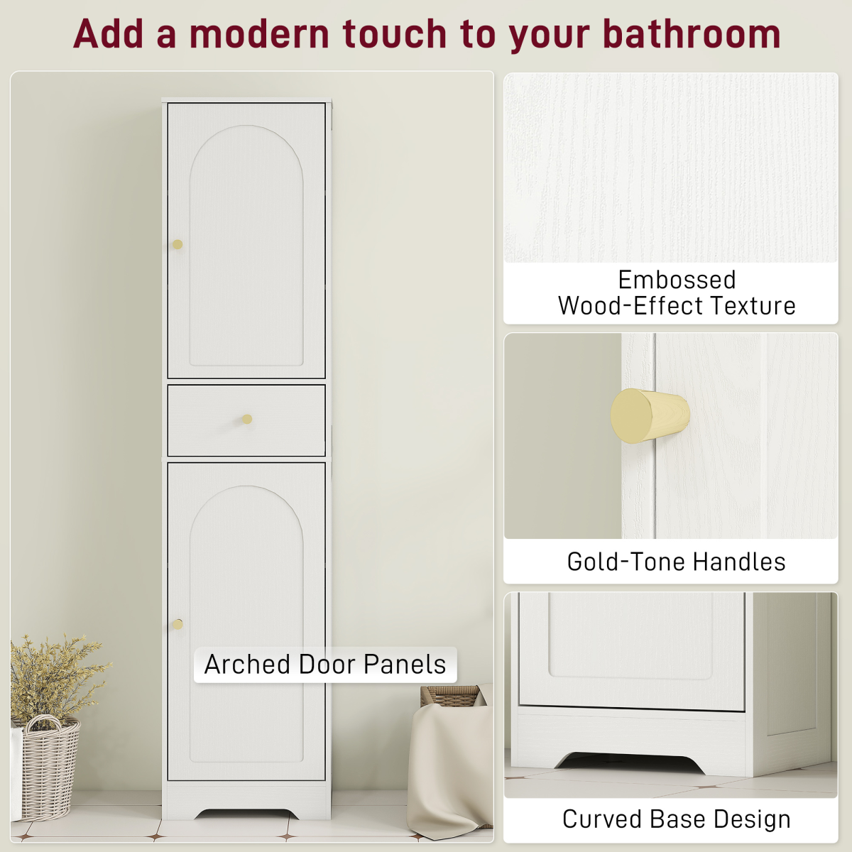 HOMCOM Tall White Bathroom Storage Cabinet with Arch Doors & Drawer