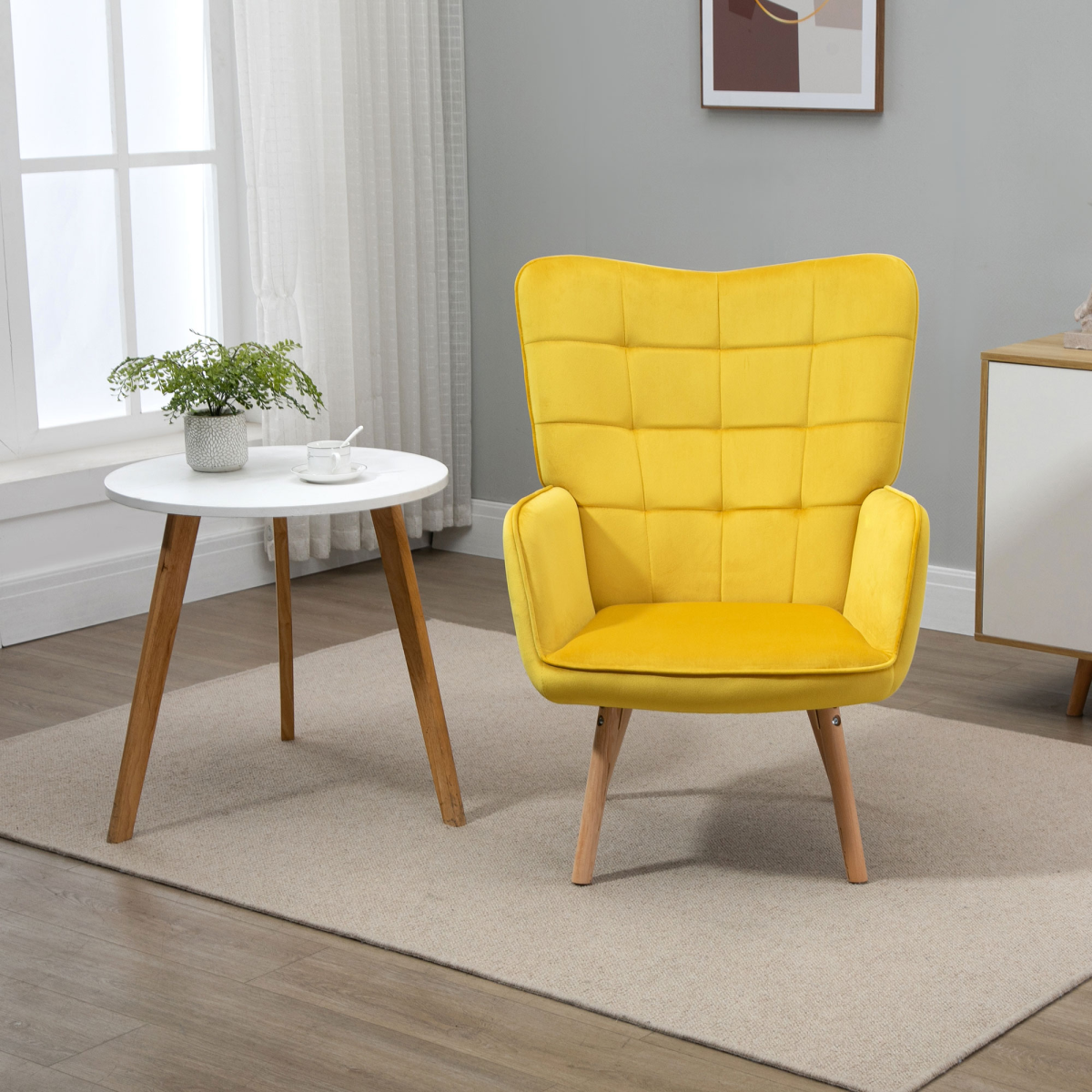 HOMCOM Modern Velvet-Touch Tufted Wingback Accent Chair with Wooden Legs