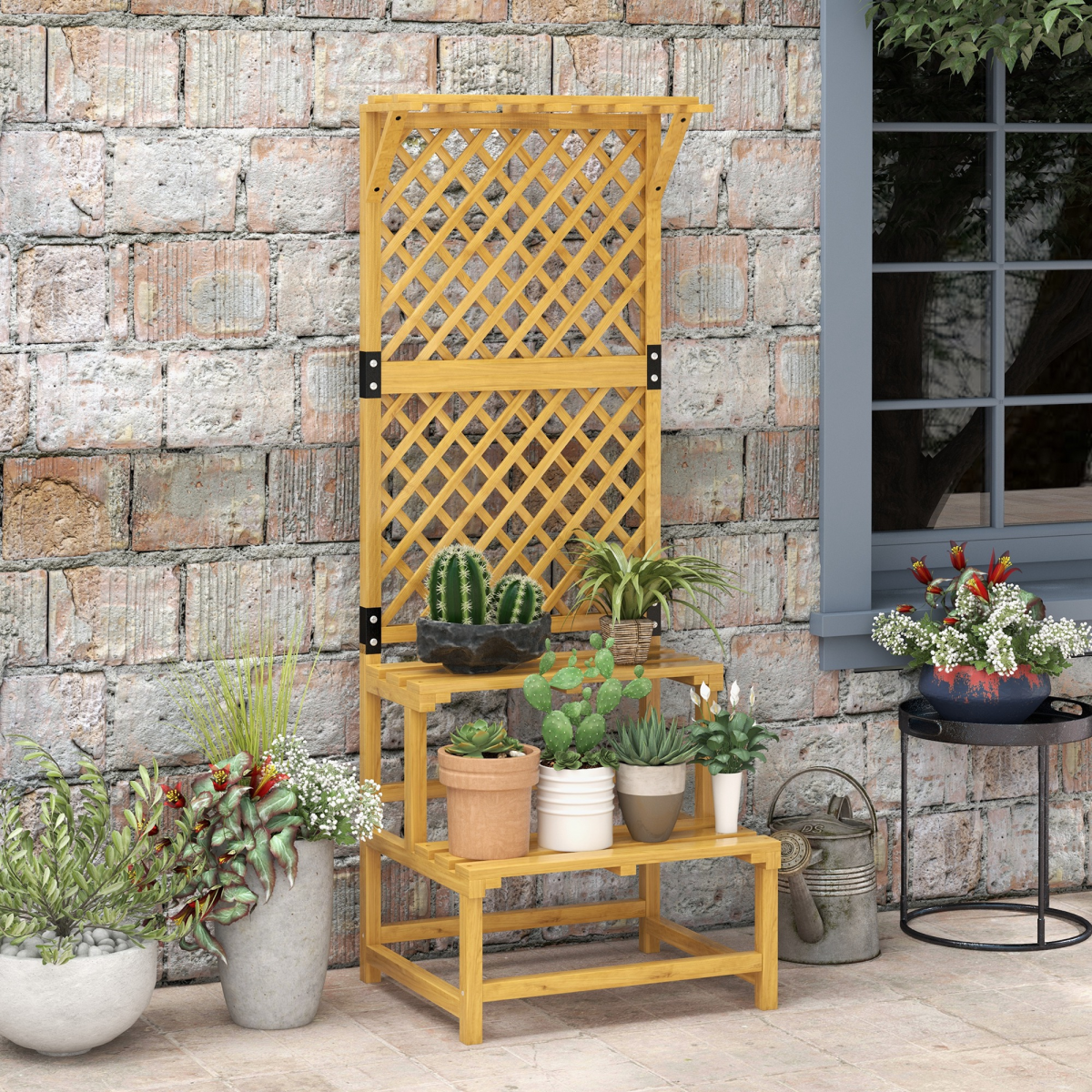 Outsunny Yellow Wooden Plant Stand with Trellis for Climbing Plants