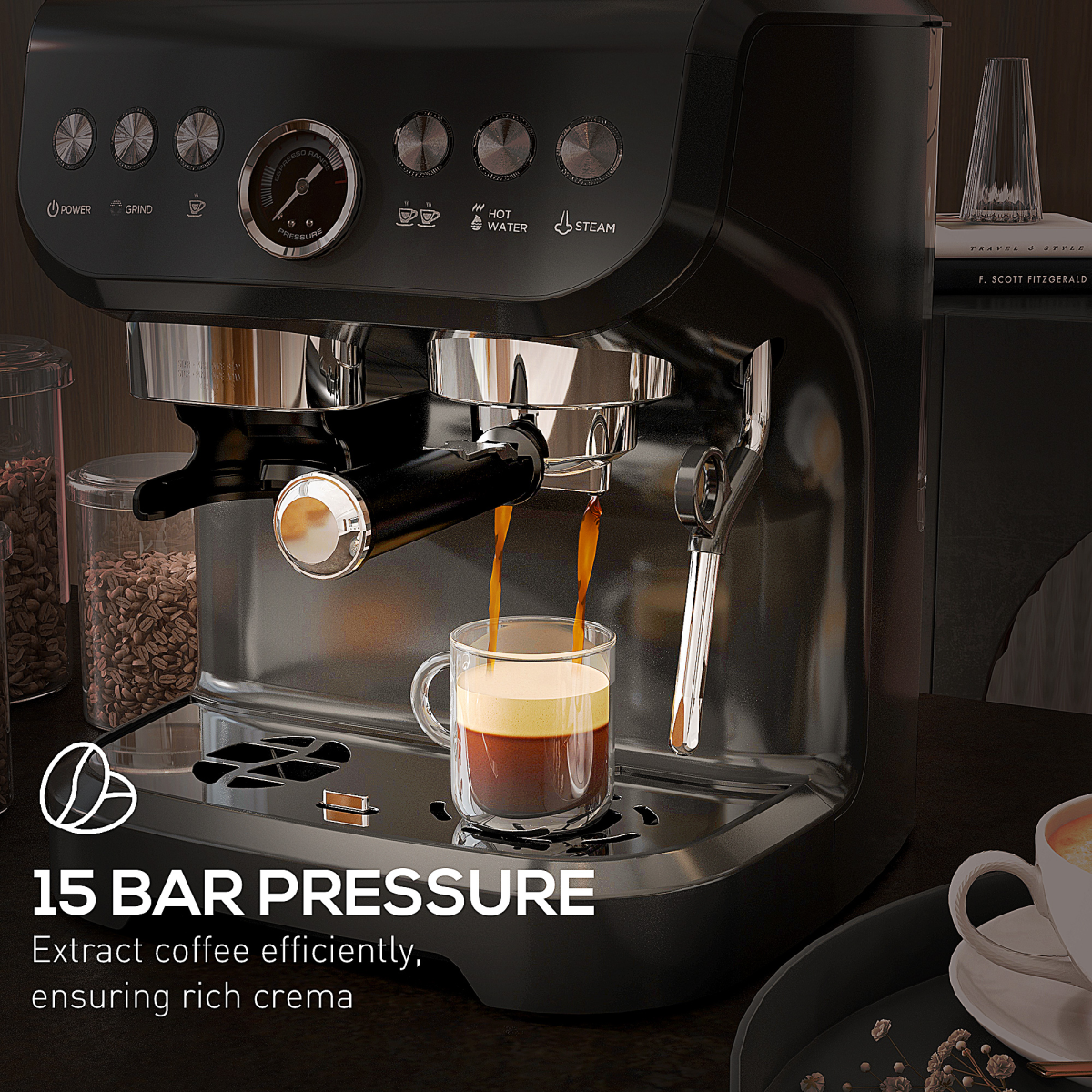 HOMCOM Espresso Machine with Integrated Grinder & Steam Wand, 15 Bar