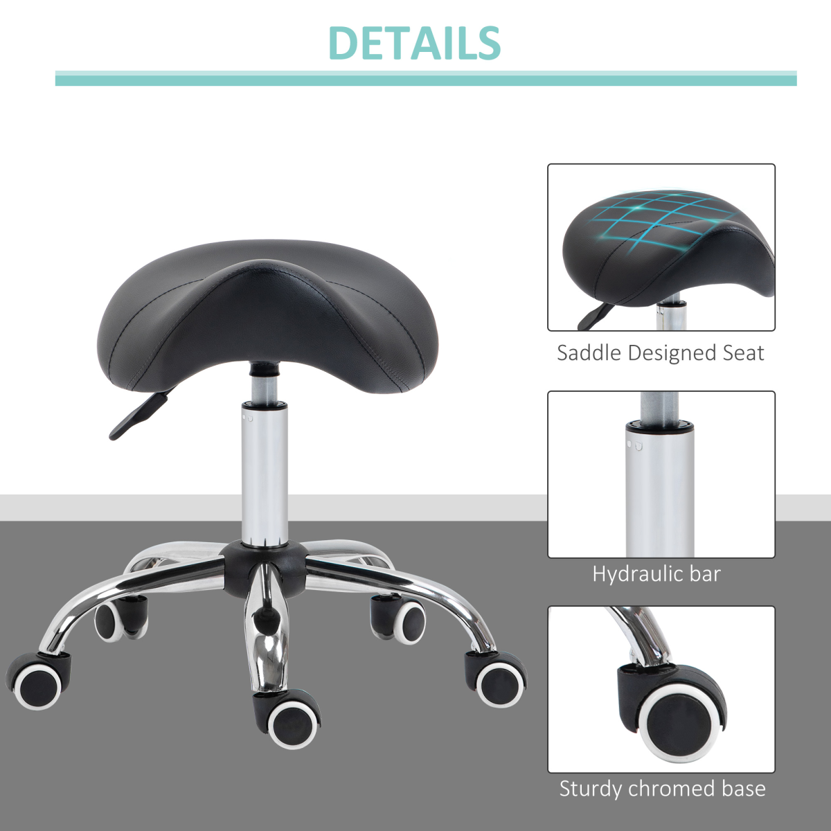 Black PU Leather Saddle Stool with Padded Seat, Adjustable Height, 5 Wheels