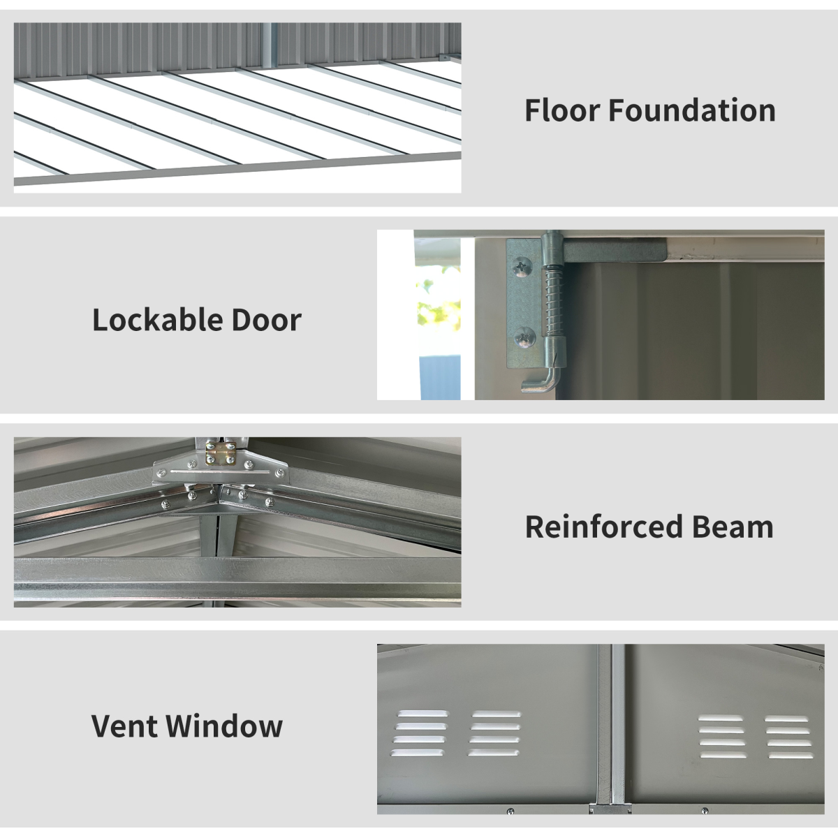 Outdoor Garden Storage Shed, Galvanized Steel Tool Storage Box for Backyard, Sloped Roof, Lockable Double Doors, Grey