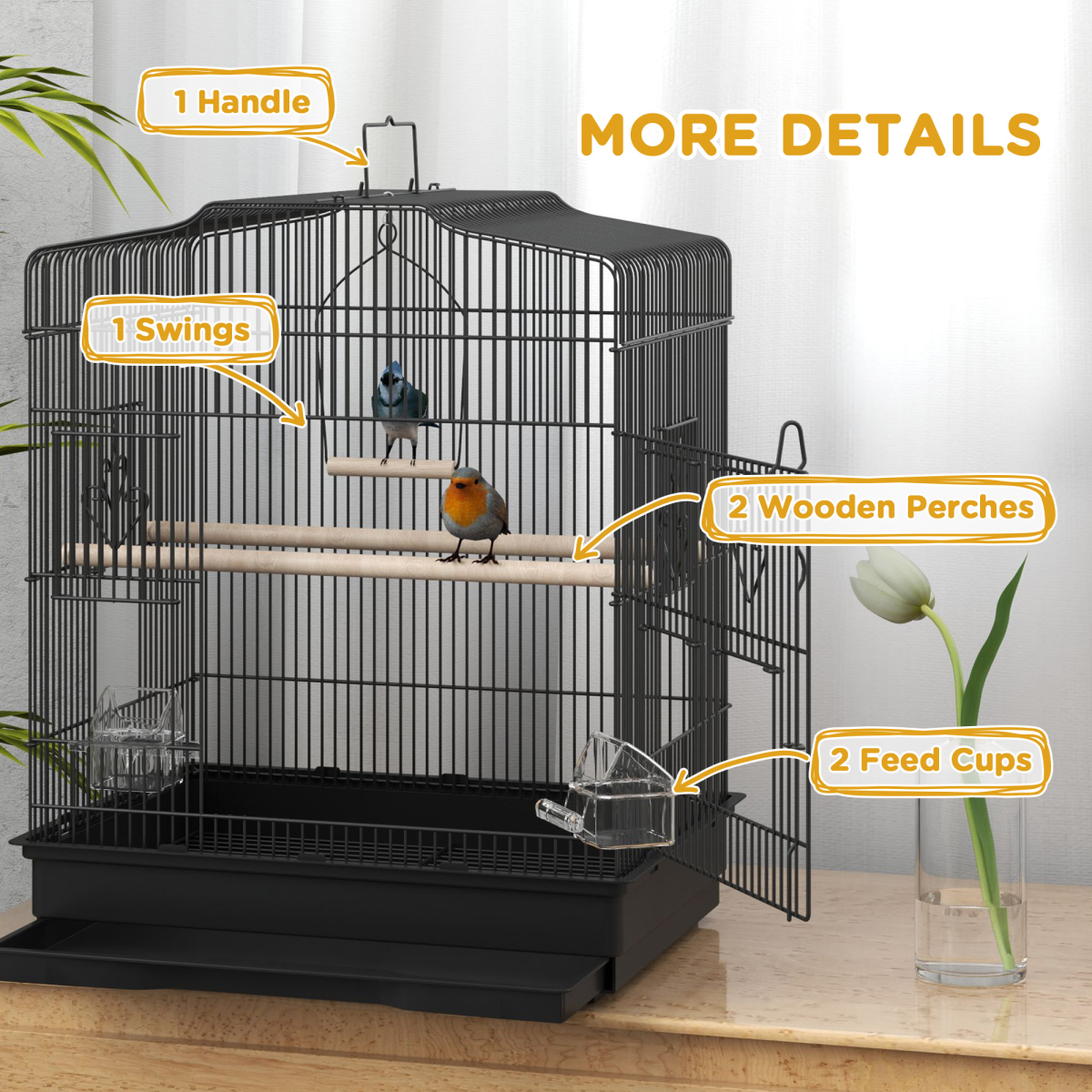 PawHut 59cm Large Black Bird Cage with Perches, Bowls, Swing