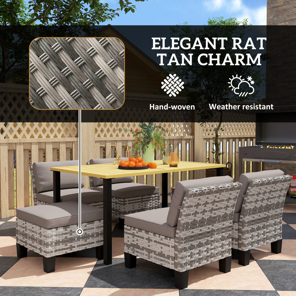 Outsunny 7-Piece Grey Rattan Garden Dining Set, Cushions Included