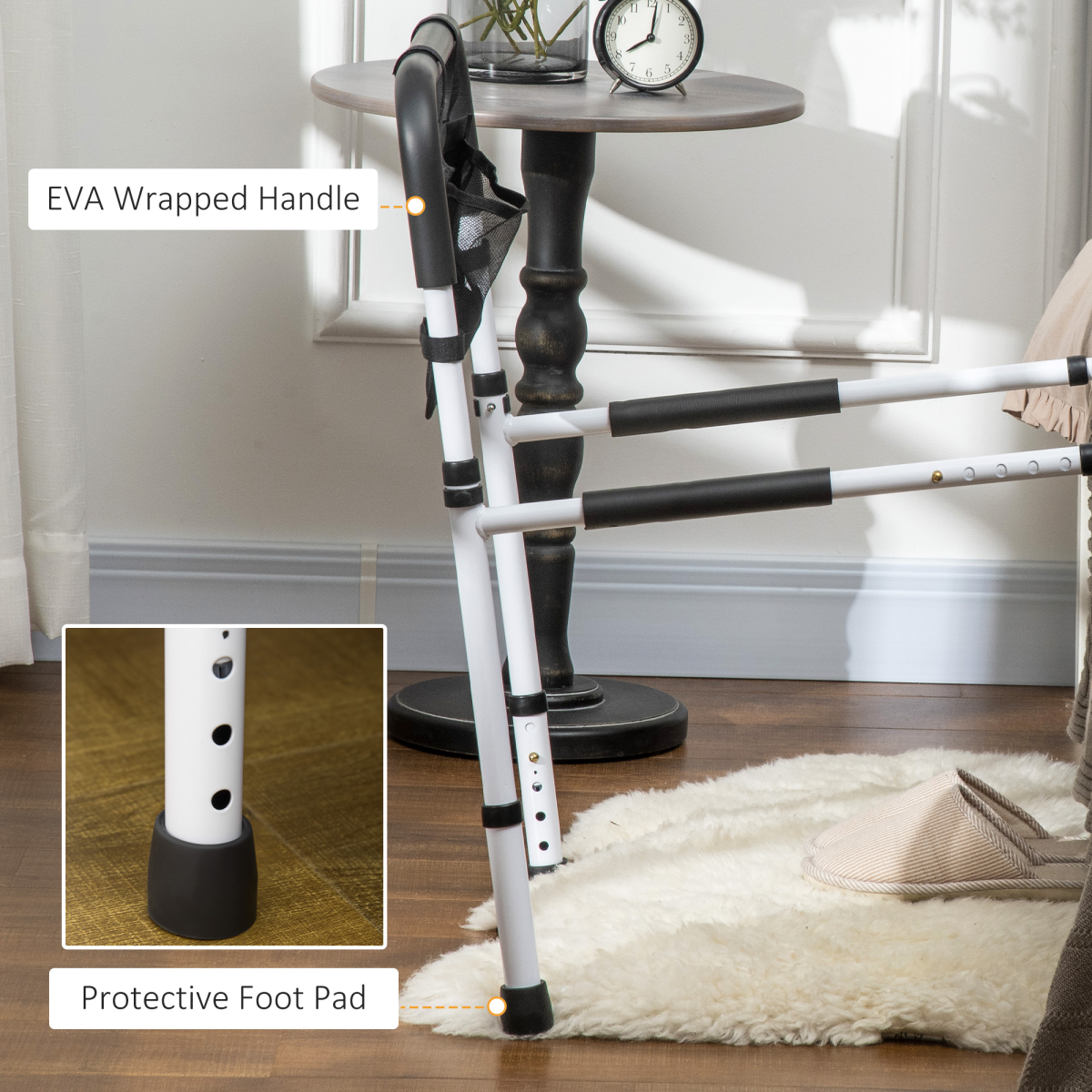 HOMCOM Adjustable Bed Assist Rail Grab Bar with Side Pocket, Steel Frame, White