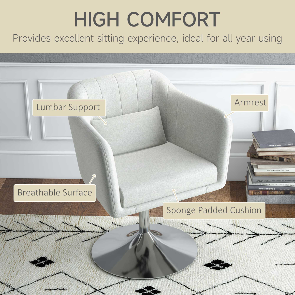 HOMCOM Retro Linen Swivel Tub Chair, Adjustable Height, Cream White