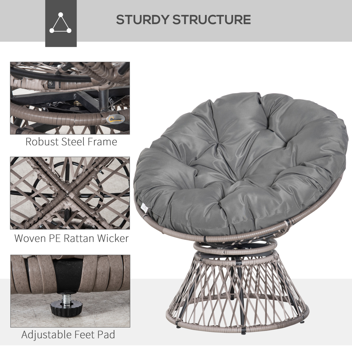 360° Swivel Rattan Papasan Moon Bowl Chair with Cushion, Outdoor, Grey, Outsunny