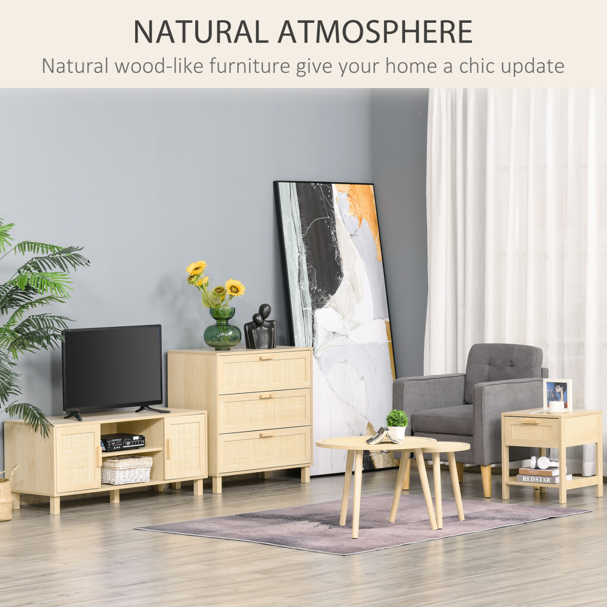 Rattan Nightstand with Drawer & Shelf, Wood-Effect Bedside Table
