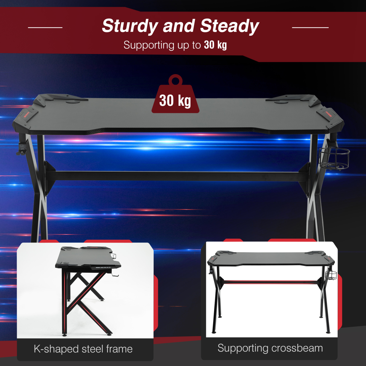 HOMCOM Gaming Desk with Steel Frame, Cup Holder & Headphone Hook