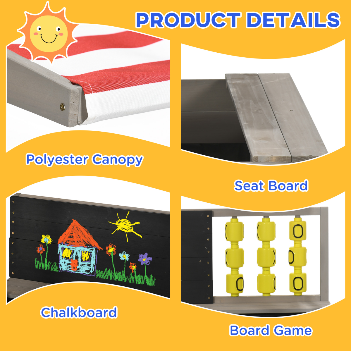Outsunny Kids Wooden Sandpit with Canopy & Seats for Garden