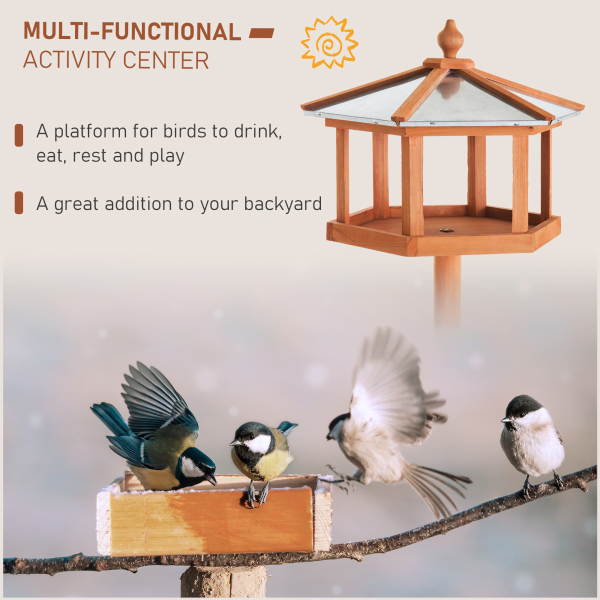 PawHut Wooden Free Standing Bird Feeder Table with Metal Roof for Garden, Patio