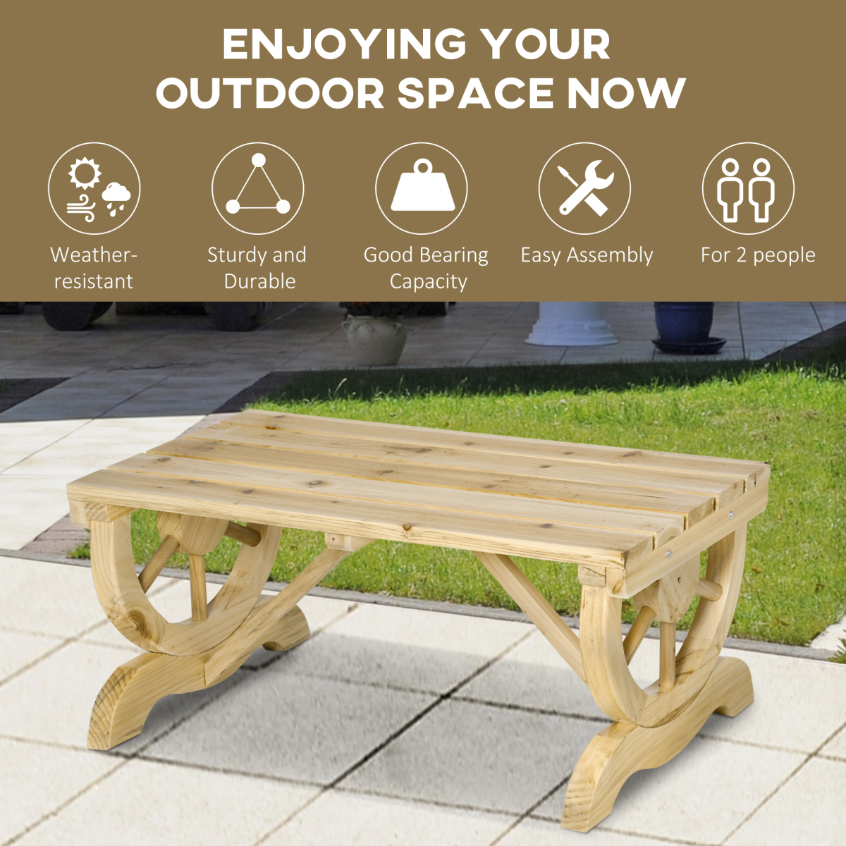 Outsunny Wooden Wagon Wheel Bench 2-Seater Fir Wood Outdoor Patio Garden Seat Natural