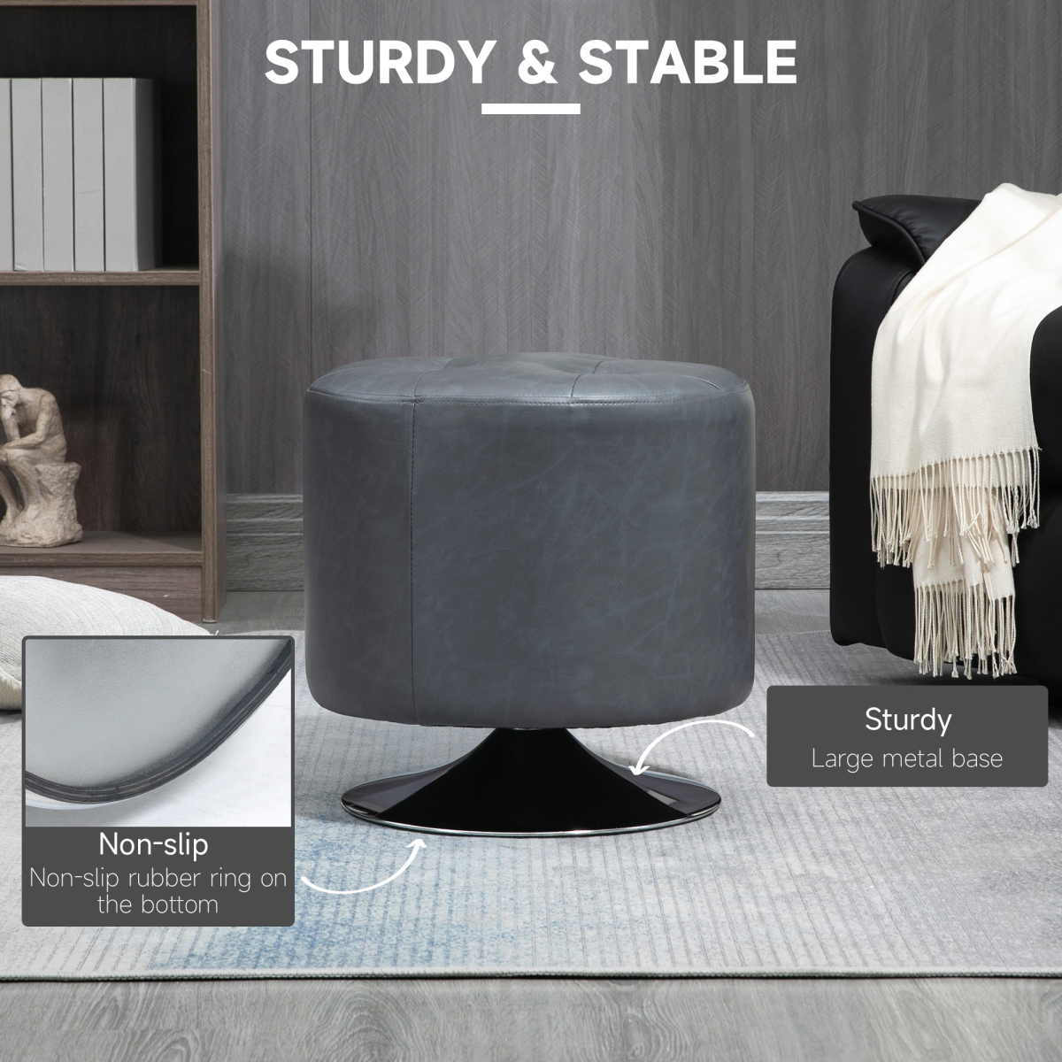 HOMCOM Grey 360 Swivel Footstool Ottoman with Thick Padding and Steel Base