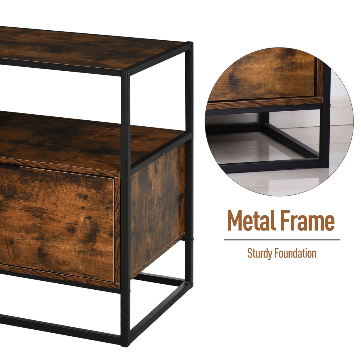 Industrial Style Side Table with Drawer and Open Shelf, Steel Frame Base, Chestnut Brown and Black