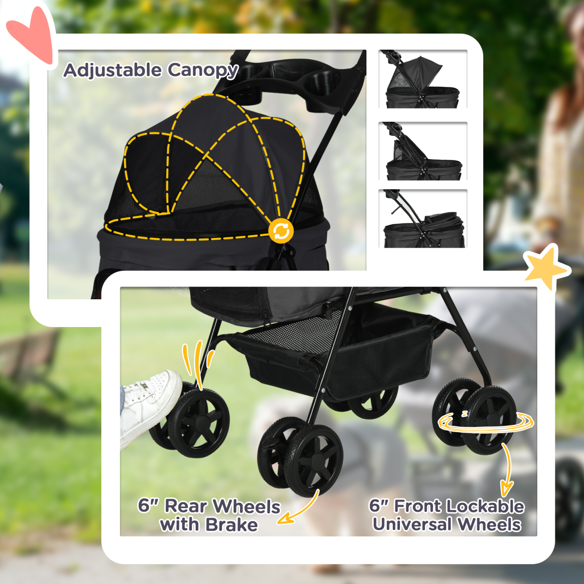 PawHut Foldable Pet Stroller with Brakes, Basket & Canopy, Black
