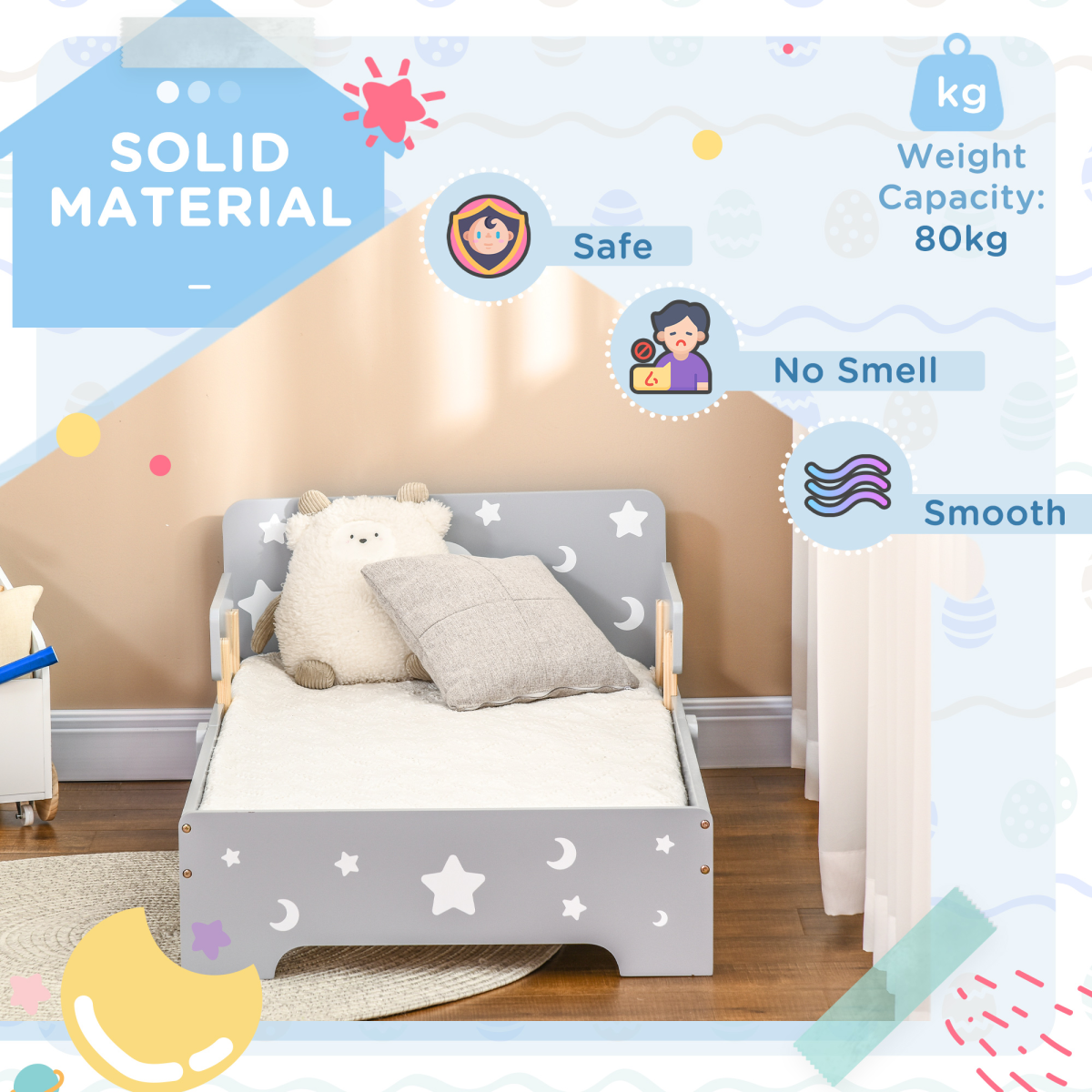 Grey Toddler Bed with Star & Moon Patterns for Ages 3-6