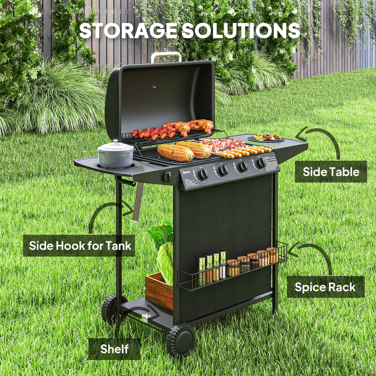 Outsunny 5-Burner Gas BBQ Grill with Side Burner, Lid, Black