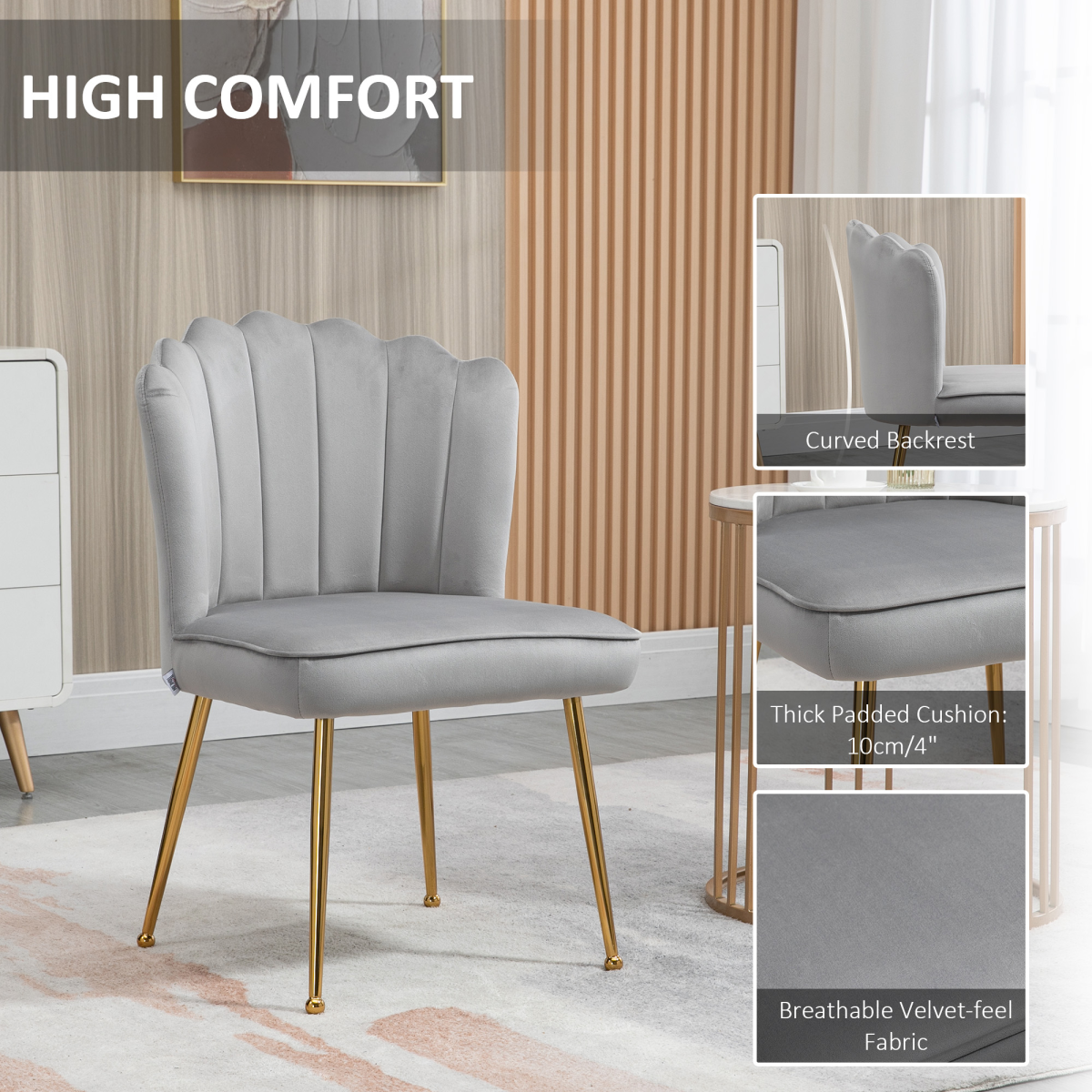 HOMCOM Shell Accent Chair, Velvet-Feel Upholstered, Metal Legs, Grey
