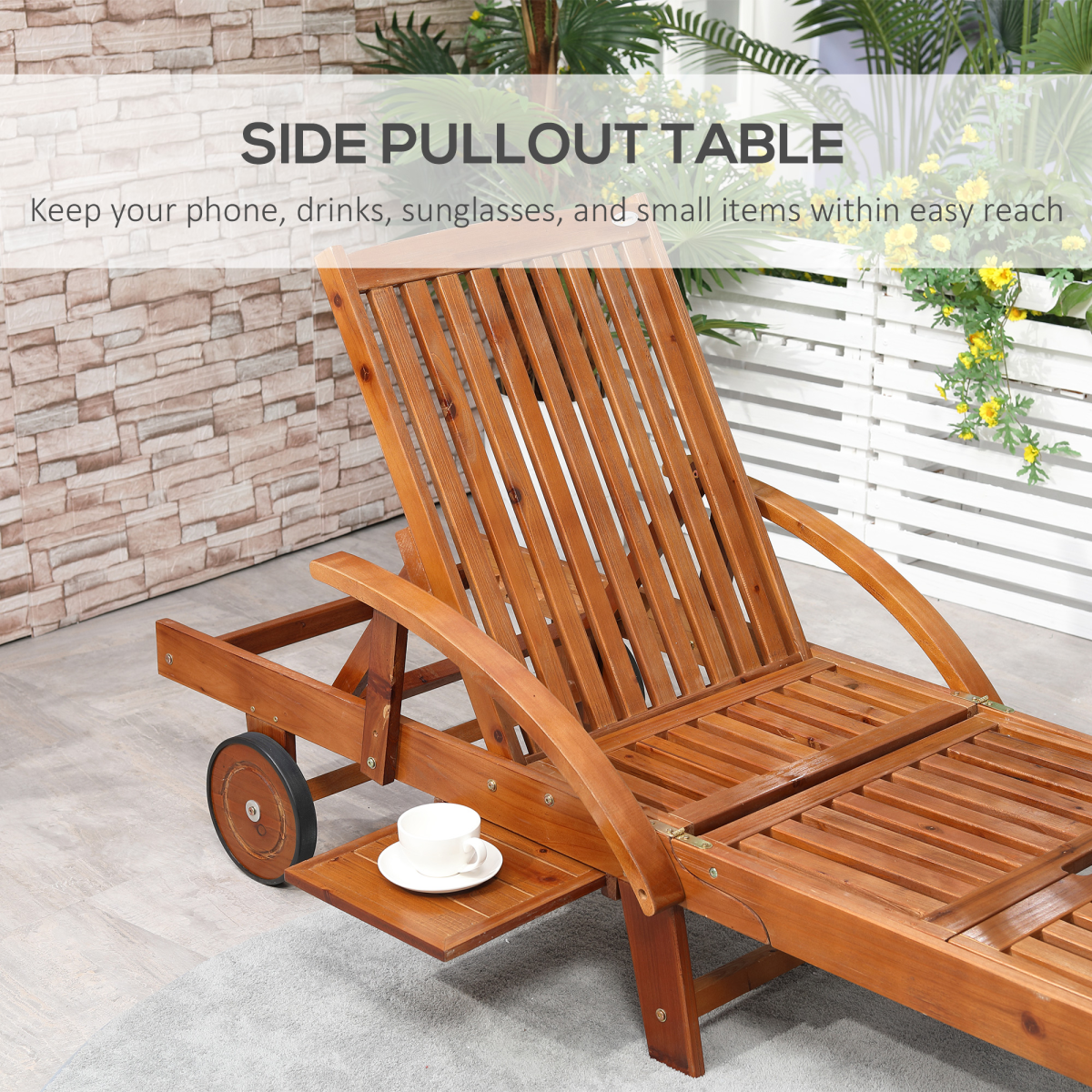 Outsunny Acacia Wood Foldable Sun Lounger with Adjustable Back & Wheels