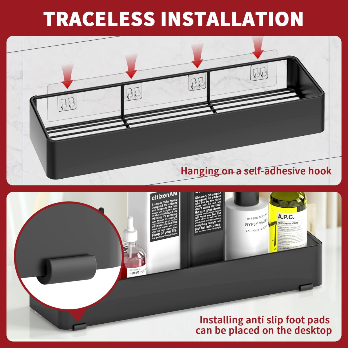 Vinsani 2-Piece Black Adhesive Shower Caddy Set, Rustproof Stainless Steel No-Drill Bathroom Organizer