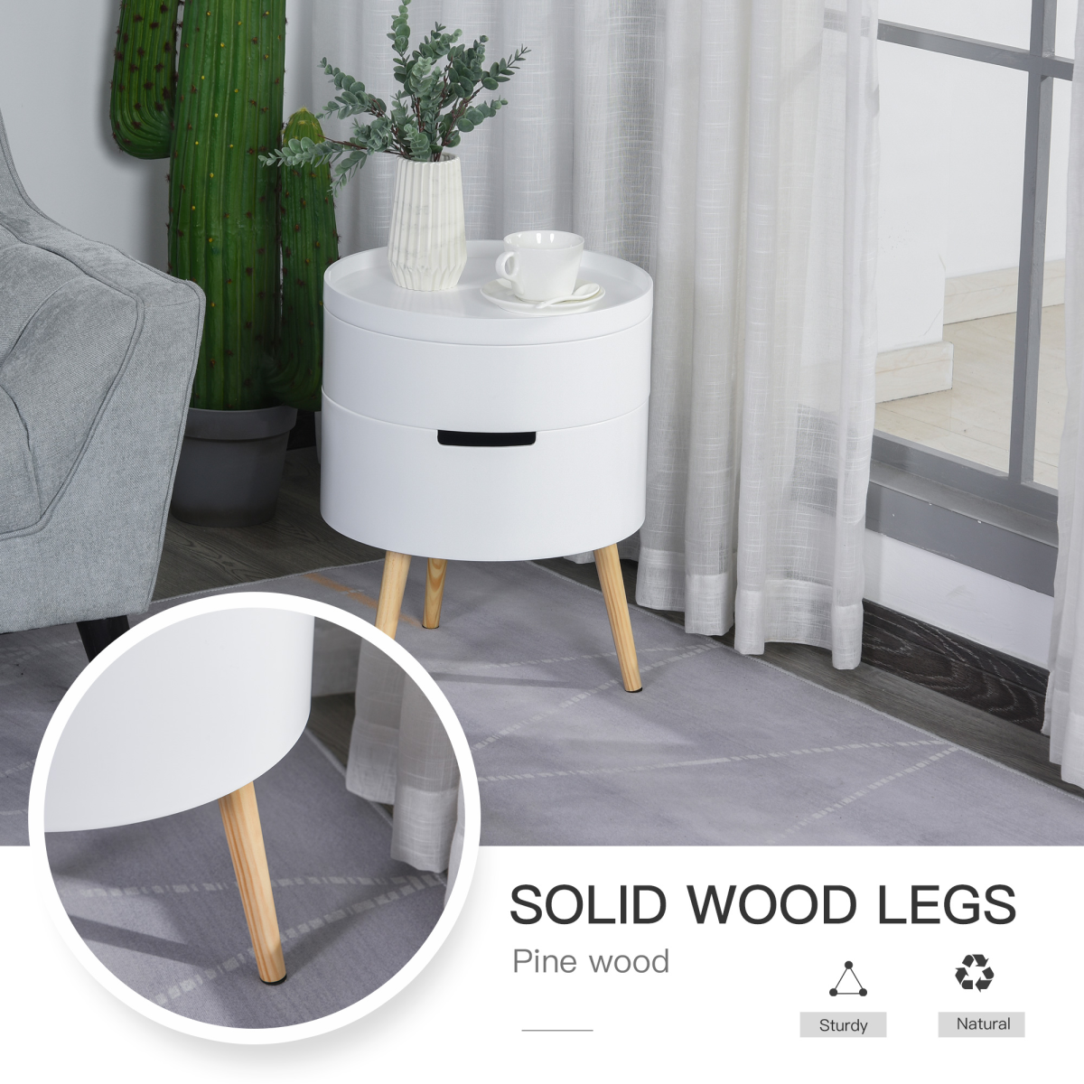 HOMCOM 3-Part Side Table with Storage, Detachable Tray Top, White