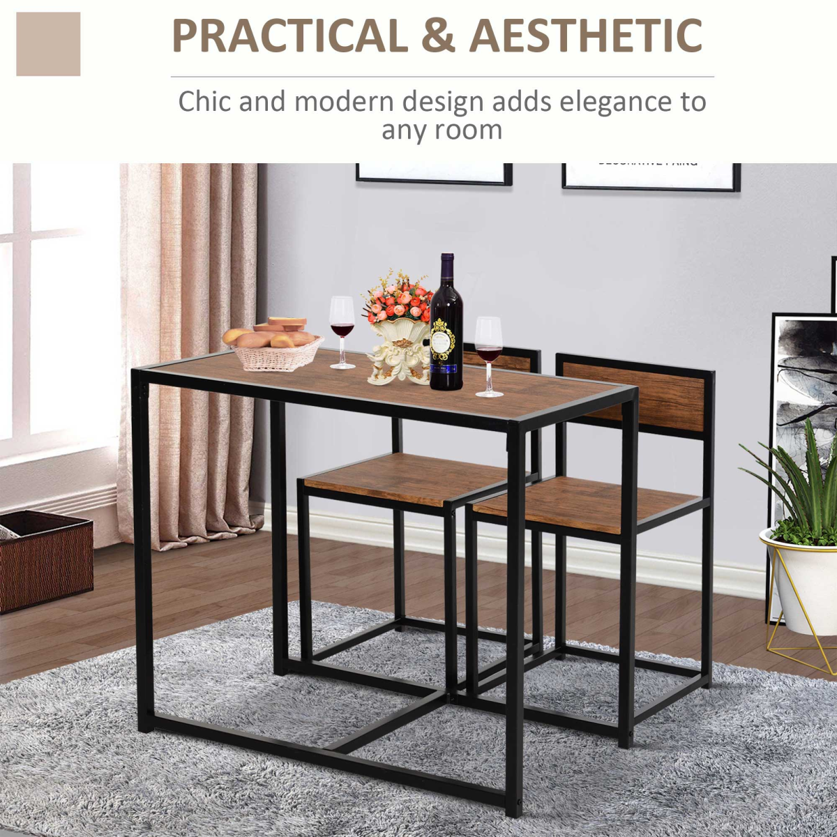 HOMCOM Industrial 3-Piece Bar Stool and Table Set, 2 Stool Chairs and Rectangular Table, Galvanised Steel Frame, Chestnut Brown MDF, Wood Tone