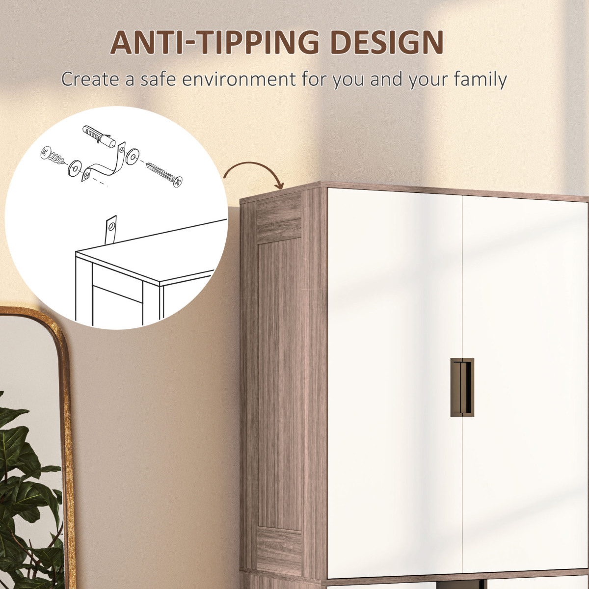 HOMCOM 2-Door Brown Wardrobe with 3 Drawers and Hanging Rod