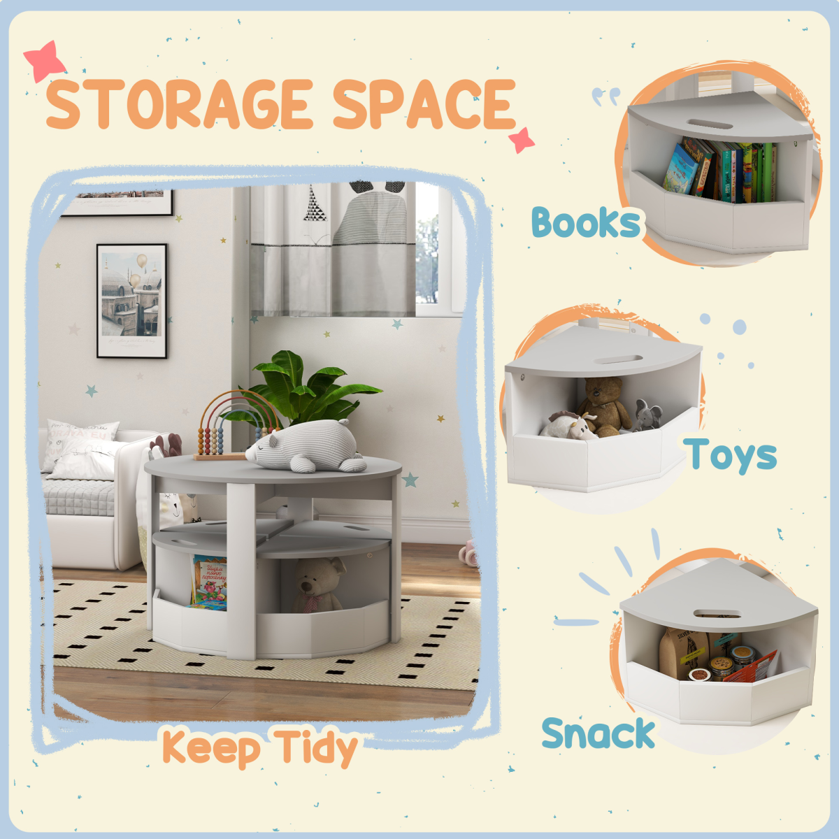 AIYAPLAY 5-Piece Kids Table and Chairs Set with Storage, Grey/White