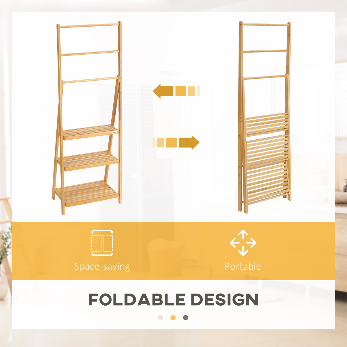 Freestanding Foldable Bamboo Towel Rack with Shelves and 3 Bars