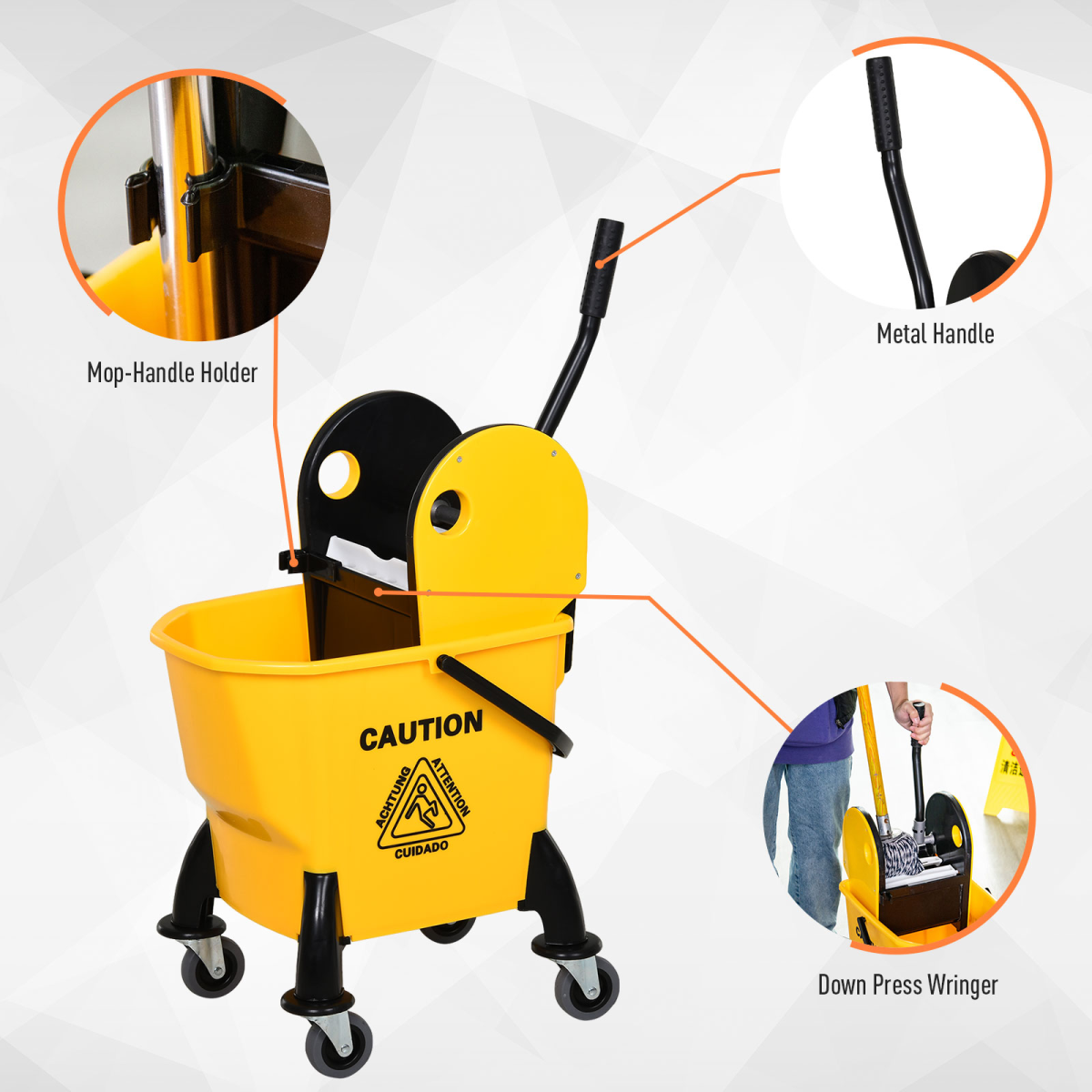 26L Mop Bucket & Water Wringer Wheels Plastic Body Metal Handle Yellow
