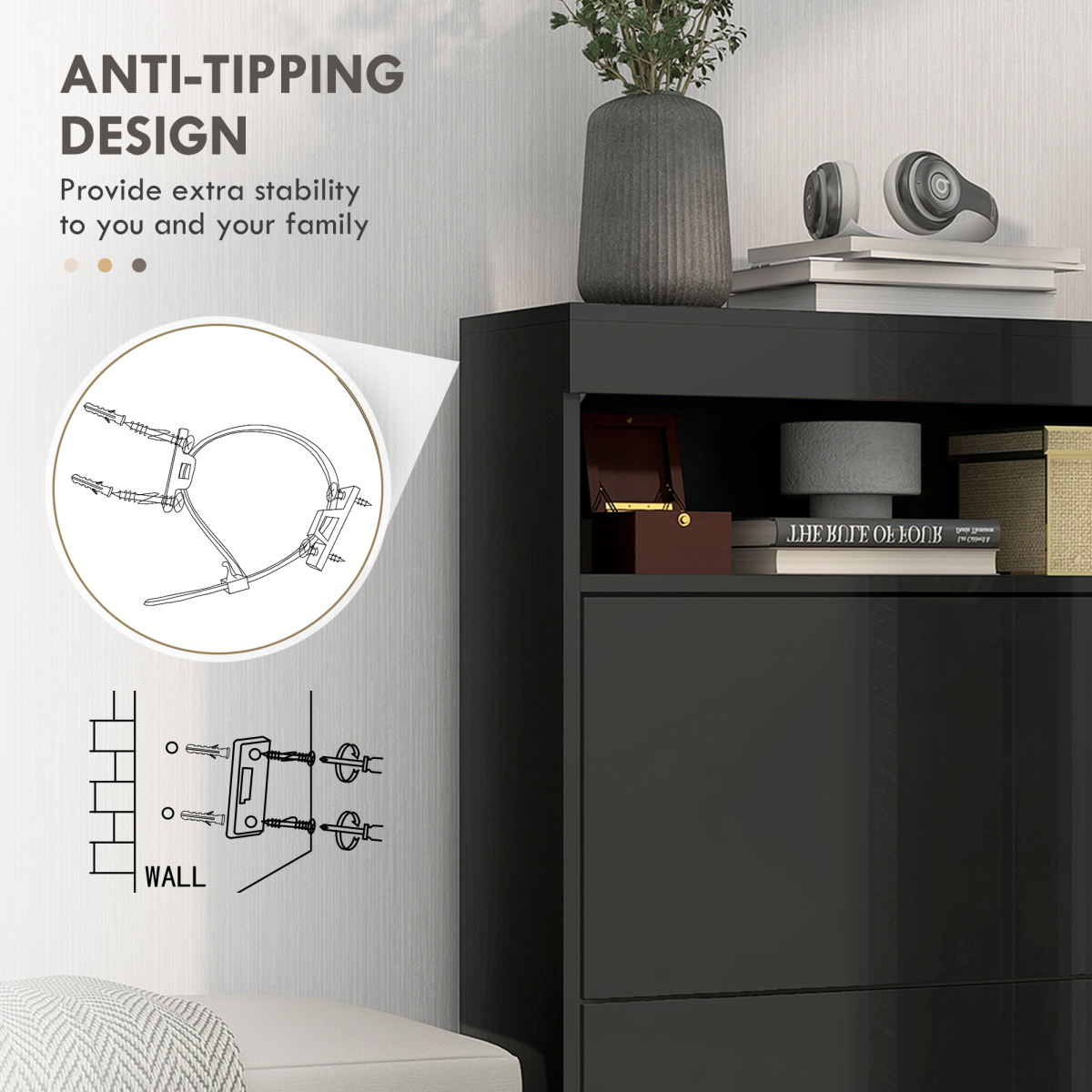 HOMCOM Black Shoe Cabinet with 2 Flip Drawers, Wall Mounted/Freestanding