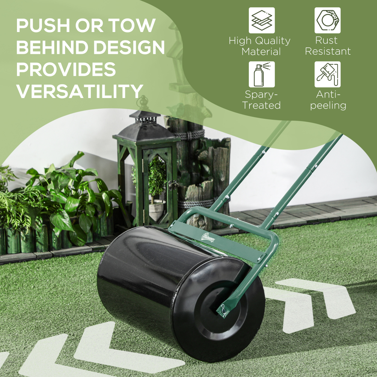 Outsunny 38L Push-Pull Garden Roller, Water/Sand Fill, Dark Green