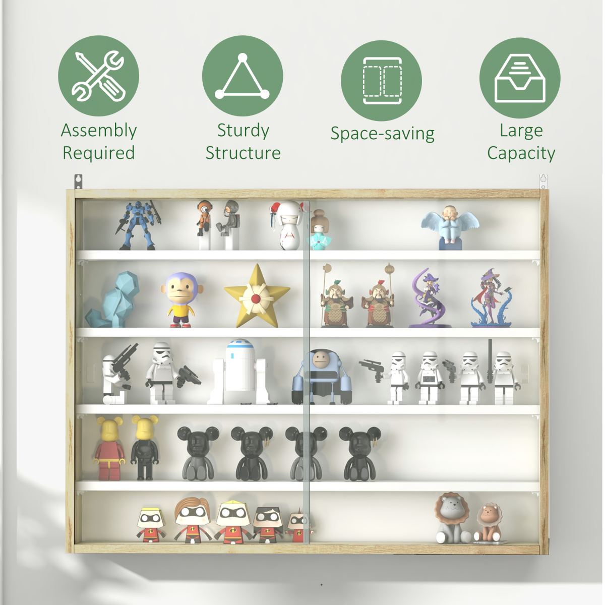 HOMCOM 5-Tier Wall Display Cabinet with Glass Doors, Natural/White