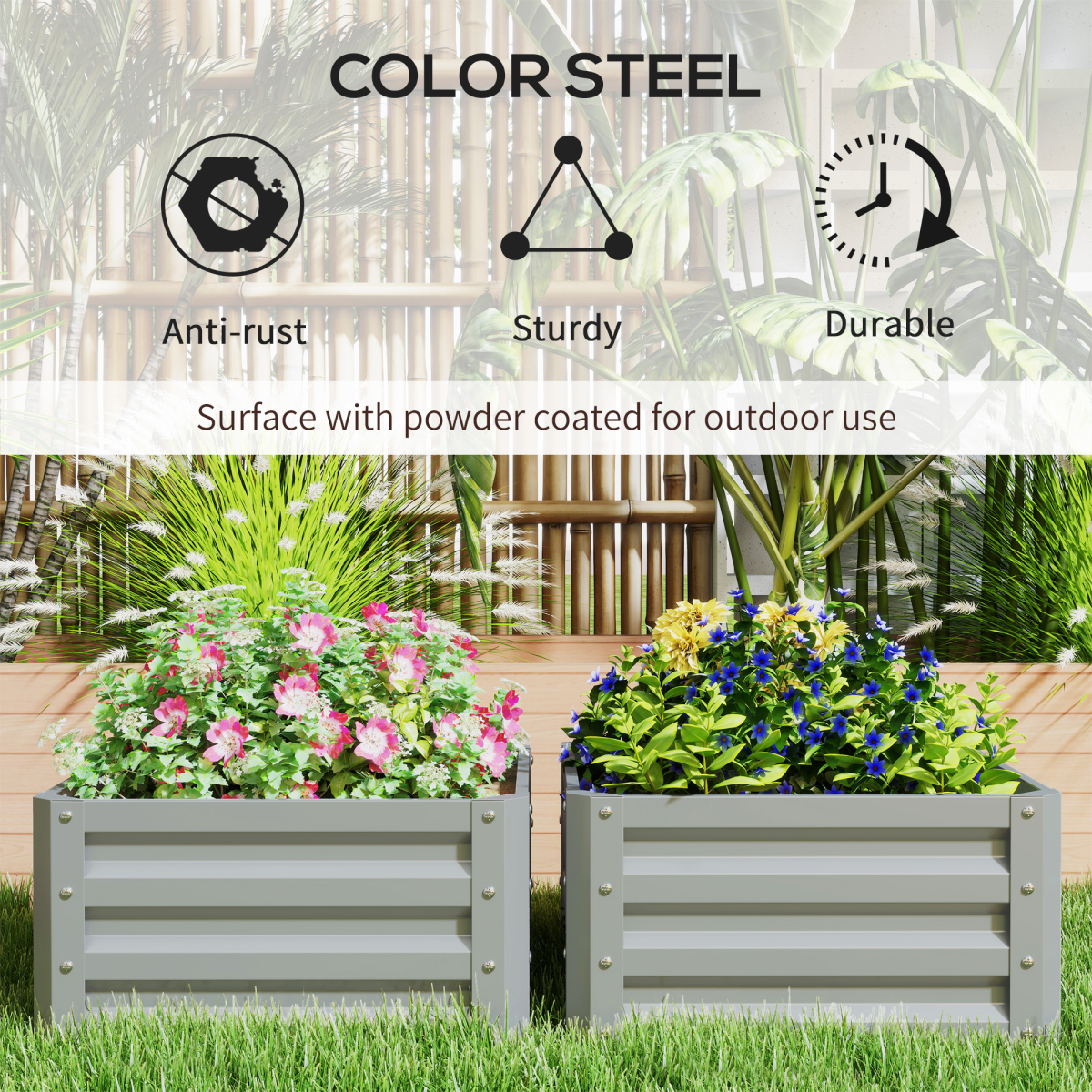 Outsunny Set of 2 Galvanised Steel Raised Garden Beds, Light Grey