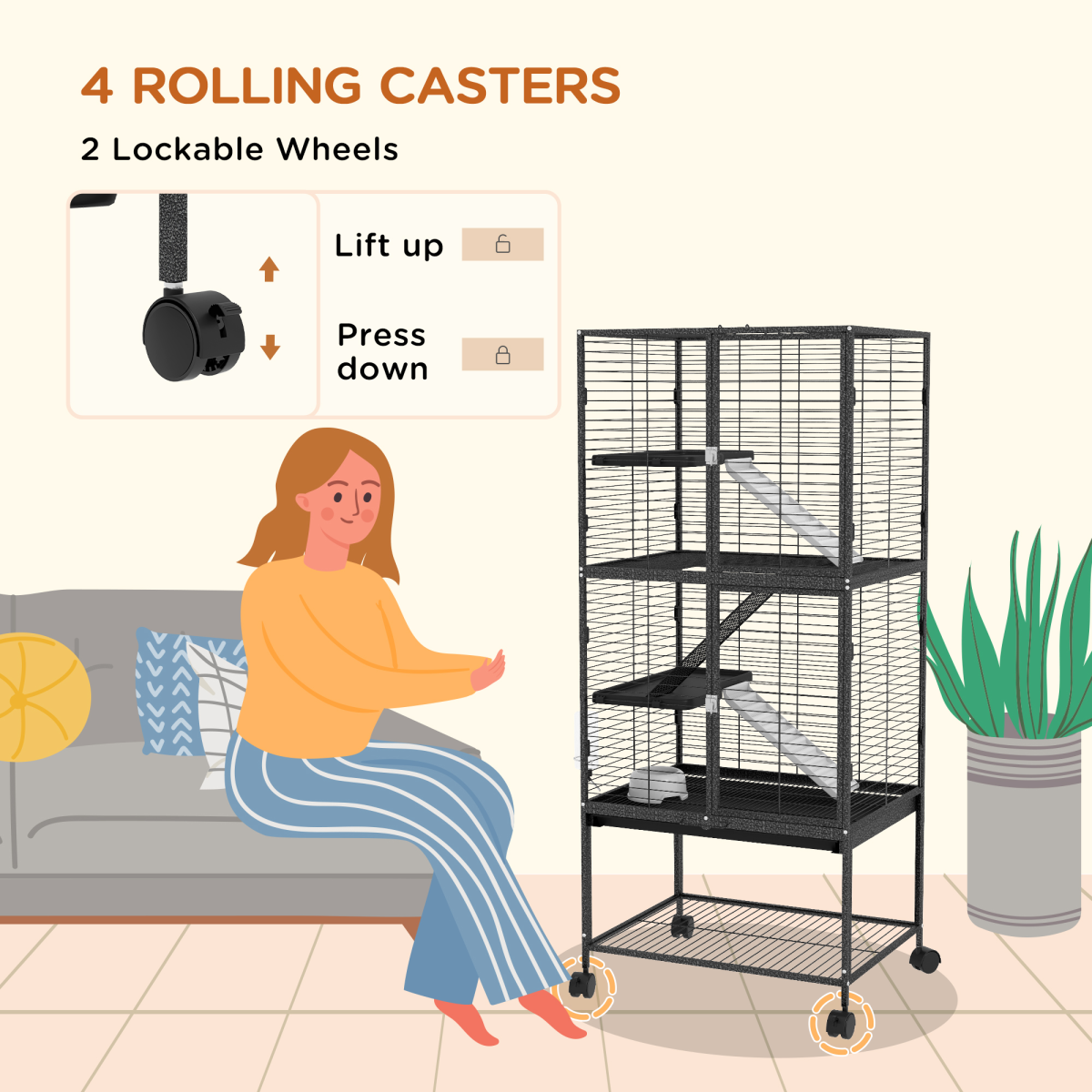 PawHut 136cm Rolling Ferret Cage with 3 Doors & Storage Shelf