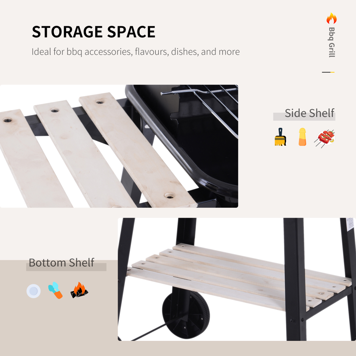 Outsunny Charcoal BBQ Grill with Adjustable 4-Height Grill Pan, Side Wind Shield, Shelf and Wheels, 87 x 45 x 83 cm, Black