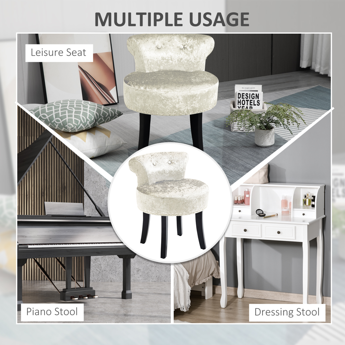 HOMCOM Beige Vanity Stool with Backrest, Rubberwood Legs