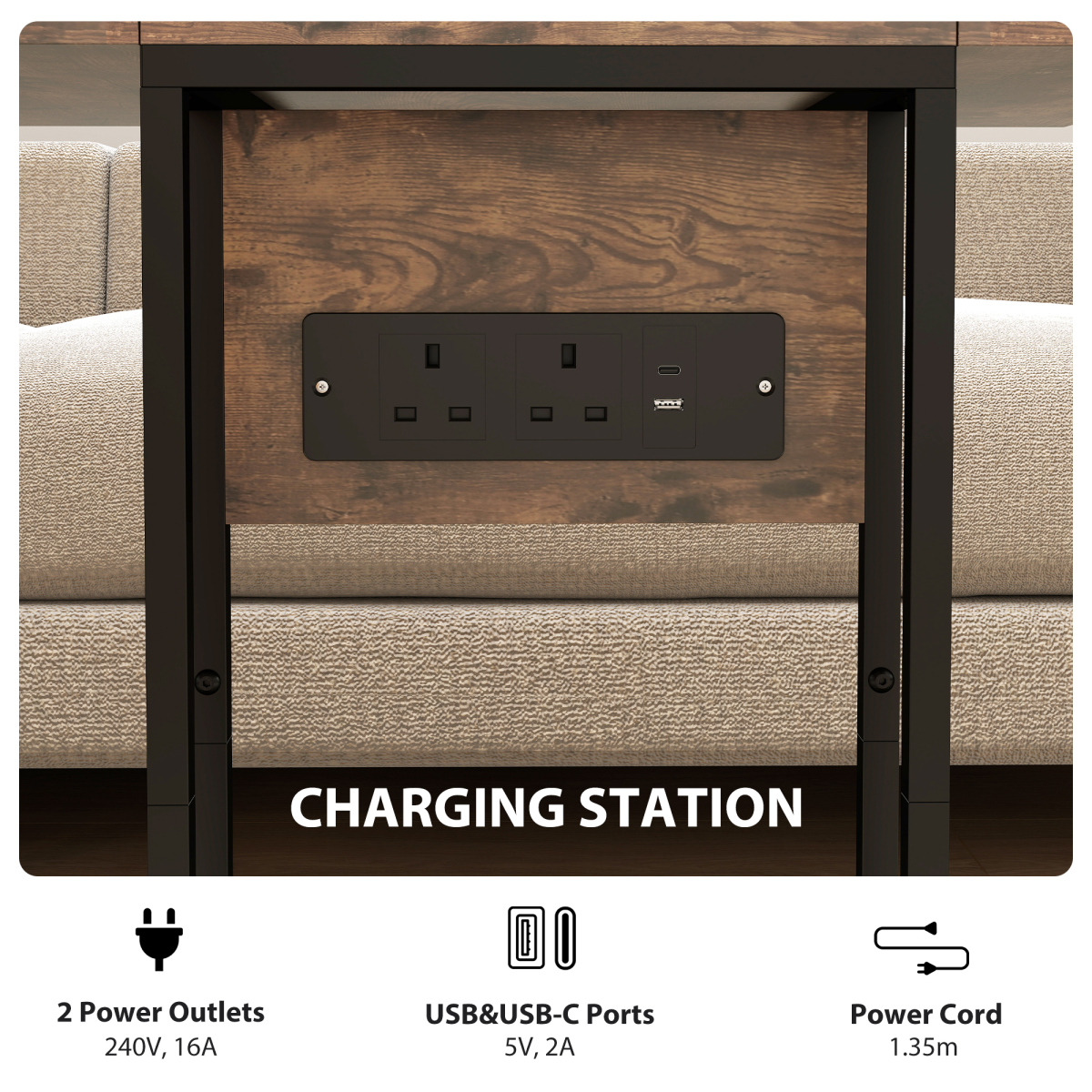 HOMCOM C-Shaped Side Table with Charging Station, Foldable Top