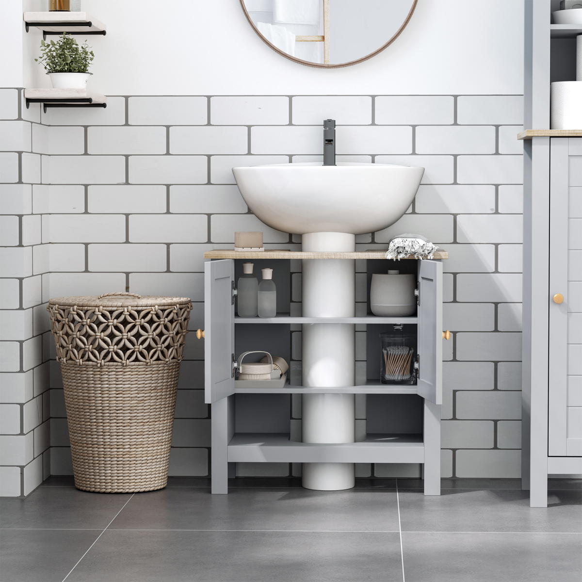 kleankin Bathroom Under Sink Cabinet with Storage Shelf, Double Door, Adjustable Shelf, Mid-Grey Wood-Effect Finish
