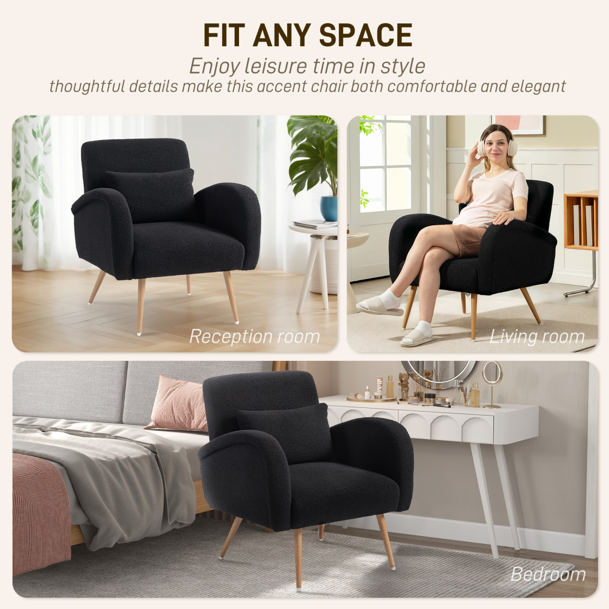 HOMCOM Black Teddy Fleece Accent Chair with Metal Legs