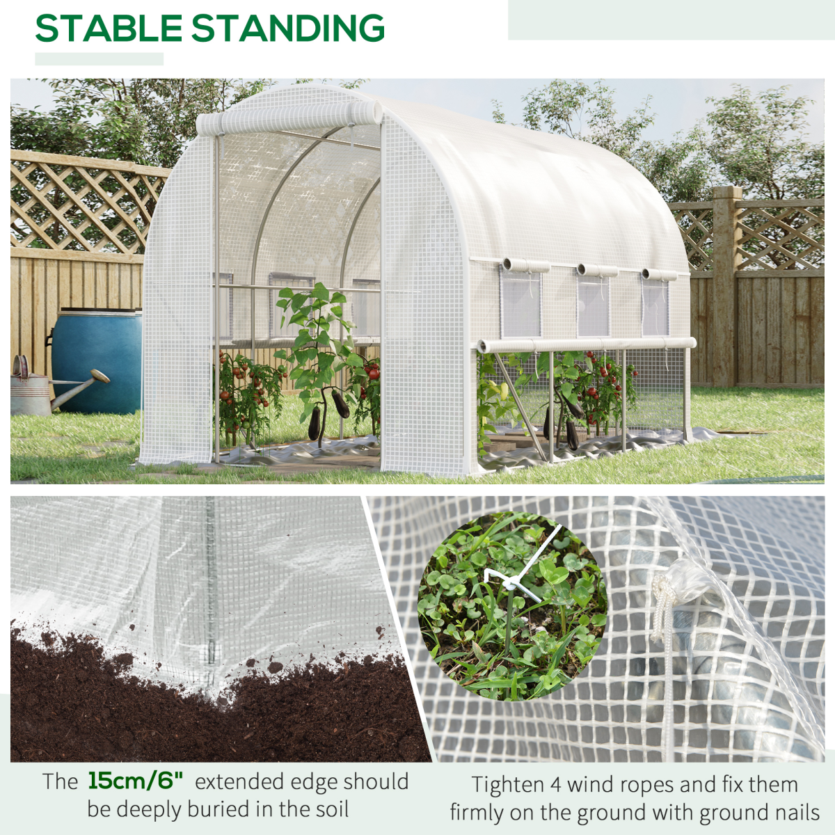 Outsunny Walk-In Backyard Greenhouse, 9.5 x 6.5 ft PE Polytunnel with Zippered Roll-Up Doors, White