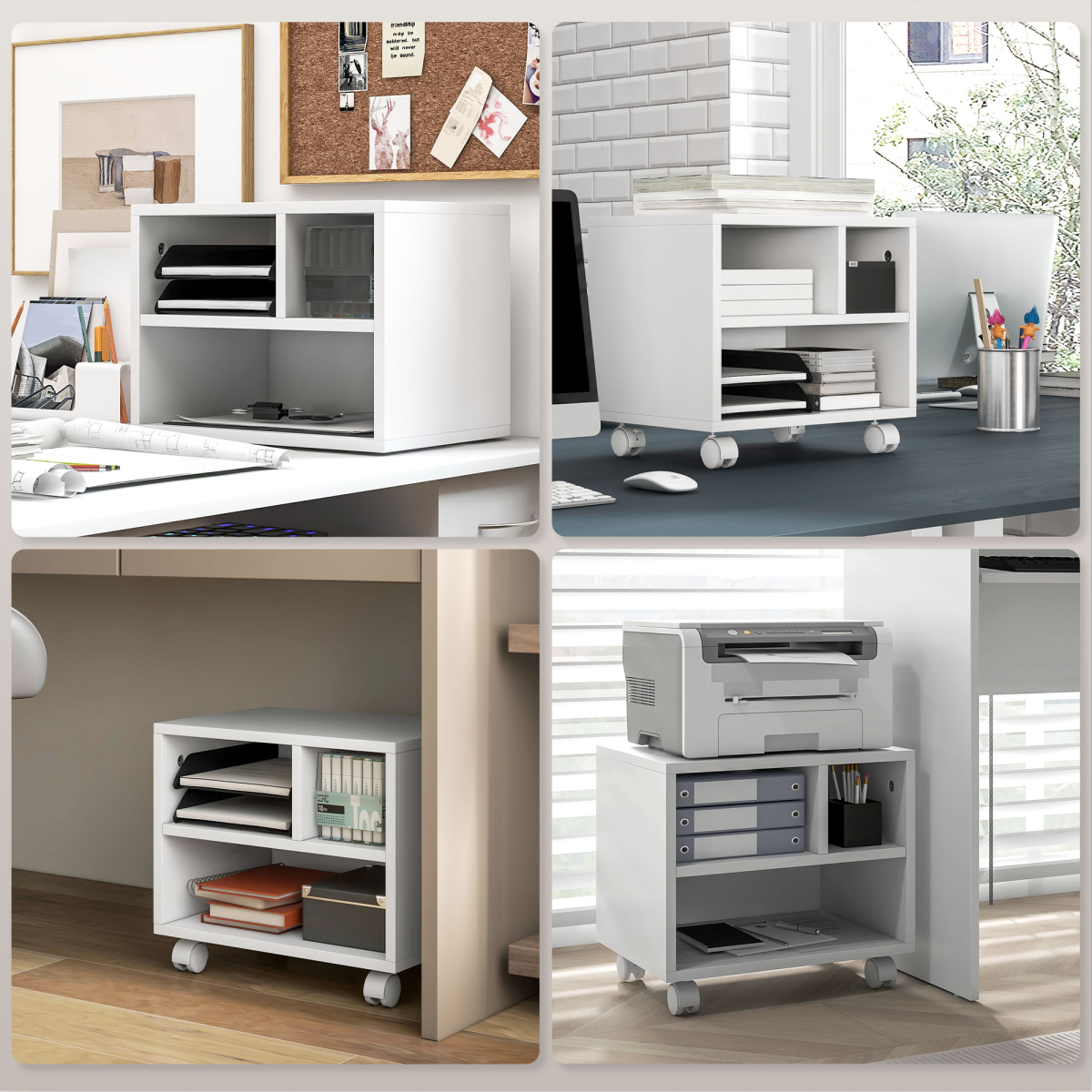 HOMCOM White Printer Stand with Storage and Wheels for Home Office