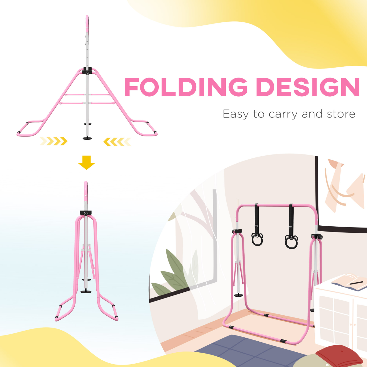 HOMCOM Adjustable Foldable Kids Gymnastics Bar with Non-Slip Mats, Pink