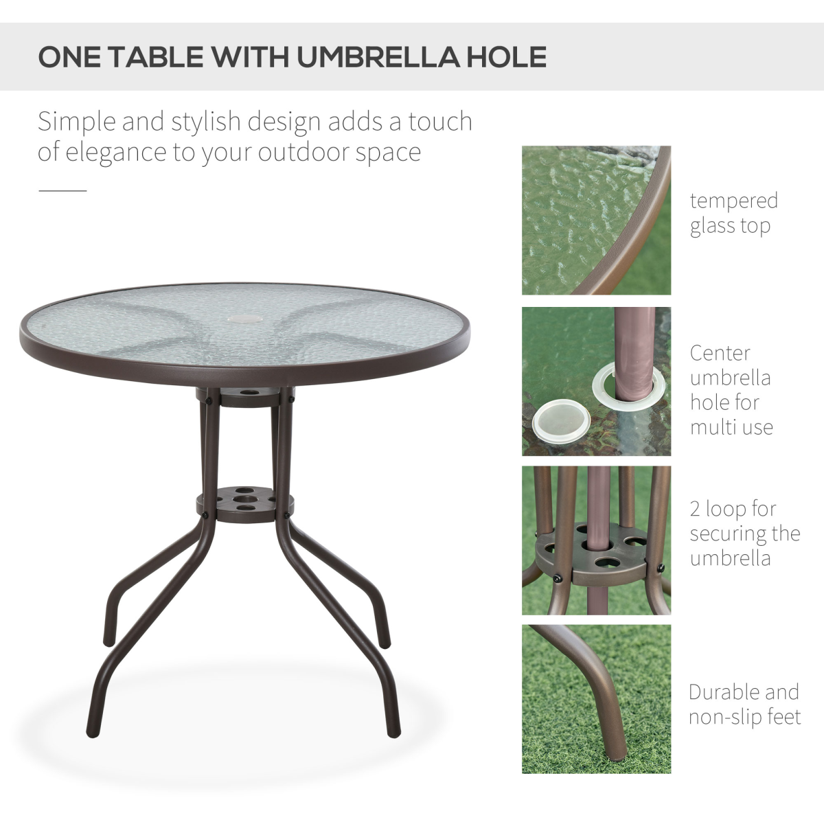 Outsunny 6 Piece Garden Outdoor Dining Set with Folding Chairs, Table, Parasol and Tempered Glass Top