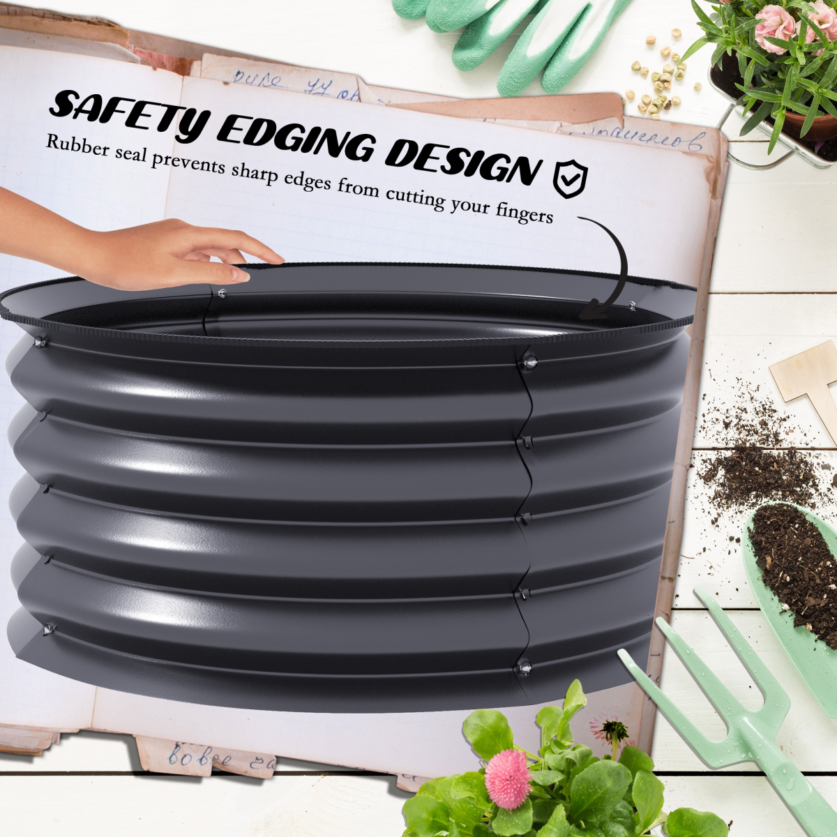 Outsunny Set of 2 Raised Metal Garden Beds with Safety Edging, Dark Grey